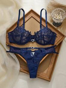 女士花卉刺绣图案水钻装饰吊带文胸和内裤性感日常内衣套装 - 寶藍色 - 查看 3
