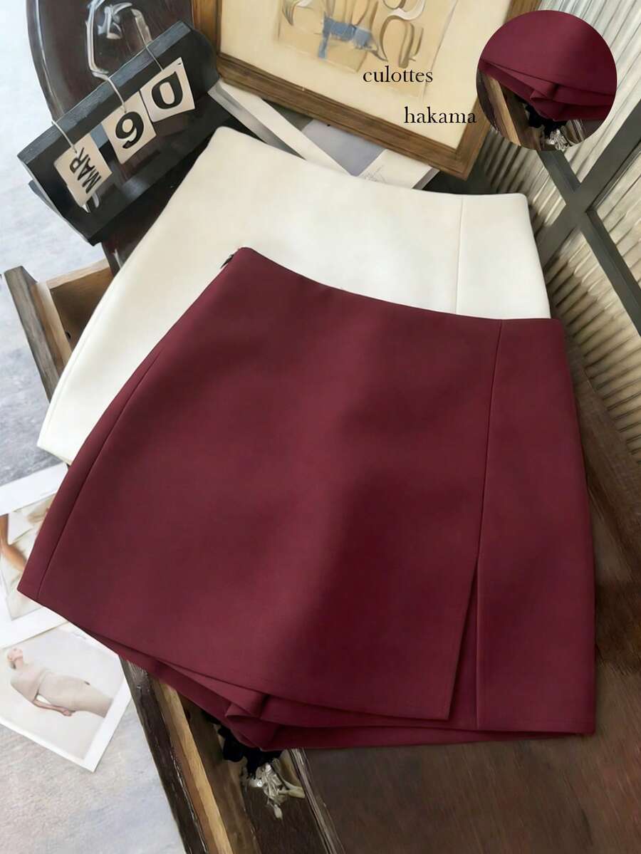 Franclia Fashionable Casual Commuter Versatile Textured Soft Fabric High Waist Slit Gray Women Shorts/Skirt/Culottes/Hot Pants, Spring/Autumn - Red Violet - View 1