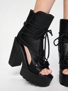 ROMWE Grunge Punk Sandalias y botines de plataforma con tacón alto, de moda, ligeros, con suela gruesa, de color negro, marrón, con calados y en estilo retro romano. Incluye botines de corte bajo y botines de dedo descubierto. - Negro - Ver 4