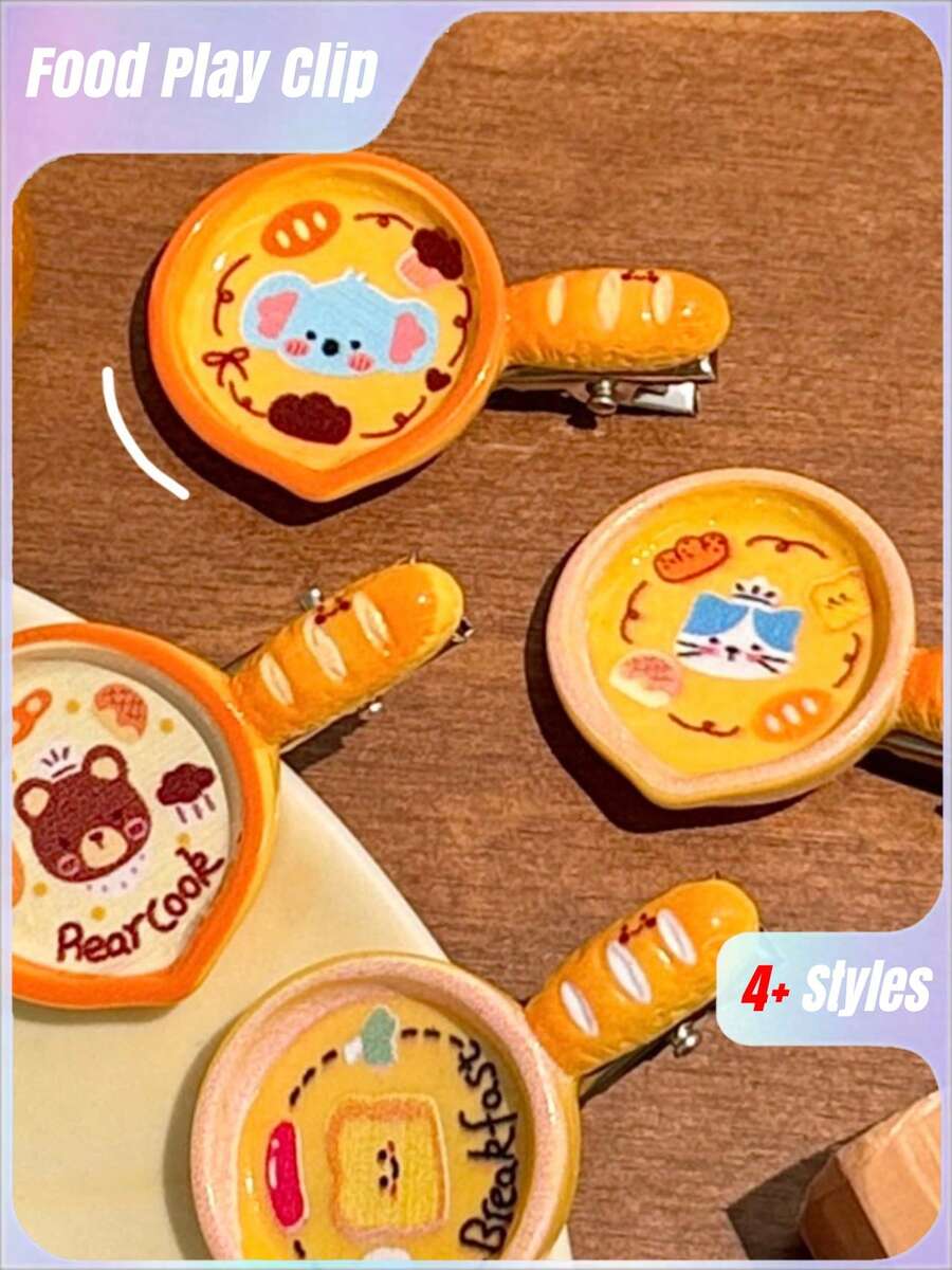 1pc Cartoon Bread Hair Bun Clips, 3D Food Play Duckbill Clips, Girlish Cute Bangs Side Flyaway Hair Pins - Multicolor - View 1