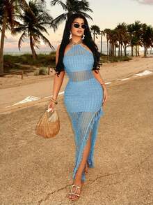 SHEIN SXY 性感波西米亚风彩色钩编波浪高开衩连衣裙，露背吊带流苏下摆长裙，适合日常外出、约会、生日、派对、夜店、海岛度假、假日等场合。 - 藍色 - 查看 3