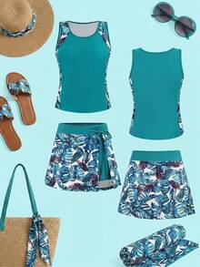 Swim Lushoire 女士修身吊带泳衣套装，印花泳裤，贴身设计，适合海滩度假 - 彩色 - 查看 5