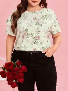 Reflora 休闲春夏浪漫玫瑰印花圆领荷叶边下摆大码女式短袖衬衫，适合度假和办公穿着。 - 彩色 - 查看 4