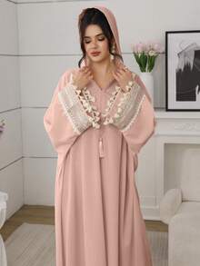 SHEIN Najma Modest Cutout Hooded Lace Ribbon Batwing Tassel Pink Dress For Women, For Parties, Date Night Special Occasion Evening Events Party Ready - Pink - View 3