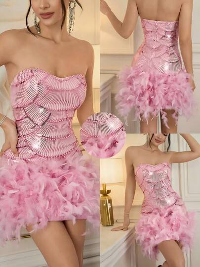 Poshira 迷你性感亮片扇形珍珠设计露背抹胸仿羽毛设计派对连衣裙，适合生日派对、约会、音乐节、鸡尾酒会、派对和日常穿着，情人节也适用。