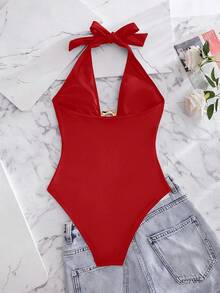 Swim SXY 女士纯色深V领性感连体金属装饰泳衣，适合海滩度假 - 紅色 - 查看 2