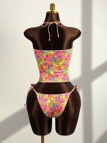 Zestiva Women's Summer Vacation Casual Beach Wear Tropical Floral Print Strapless Bandeau Tie Back Camisole Strap Bikini Lace Trim Two Pieces Swimsuit Set - Multicolor - View 2