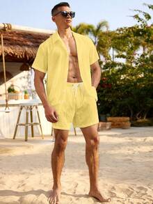 Palasendo Men's Solid Color Button Front Short Sleeve Top And Drawstring Waist Shorts Beach Outfit - Yellow - View 6