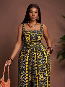 Veslaya 2026早春新款加大码女装，适合音乐节、复活节、西部风、游牧风格等场合，包括生日派对、毕业典礼、节日庆典、优雅宴会、舞会、日常通勤和休闲穿着。套装包含宽肩带几何印花露脐上衣和阔腿裤。 - 黃色 - 查看 7