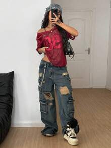 Coolane 男女夏季街头情侣同款Y2K辣妹风仙女风比赛日撞色蕾丝数字图案拼接超大款针织T恤 - 紅色 - 查看 3