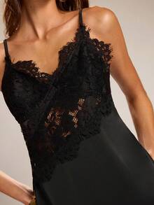 SHEIN BAE Women's Black Satin Lace Patchwork Elegant Top - Black - View 6