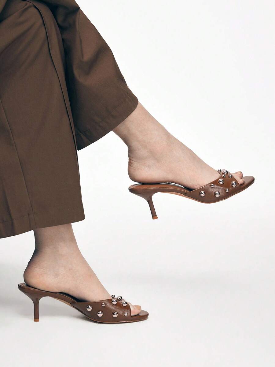 Mnmlis Women's Metal Rivet Semi-Trail Stiletto Sandals - Brown - View 1