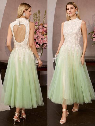 MOTF Soiréza WOMEN'S MESH EMBROIDERED OMBRE BACKLESS COCKTAIL DRESS