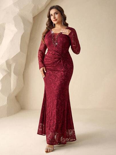 Coutiva Plus Size Beaded Fitted Evening Dress, Elegant