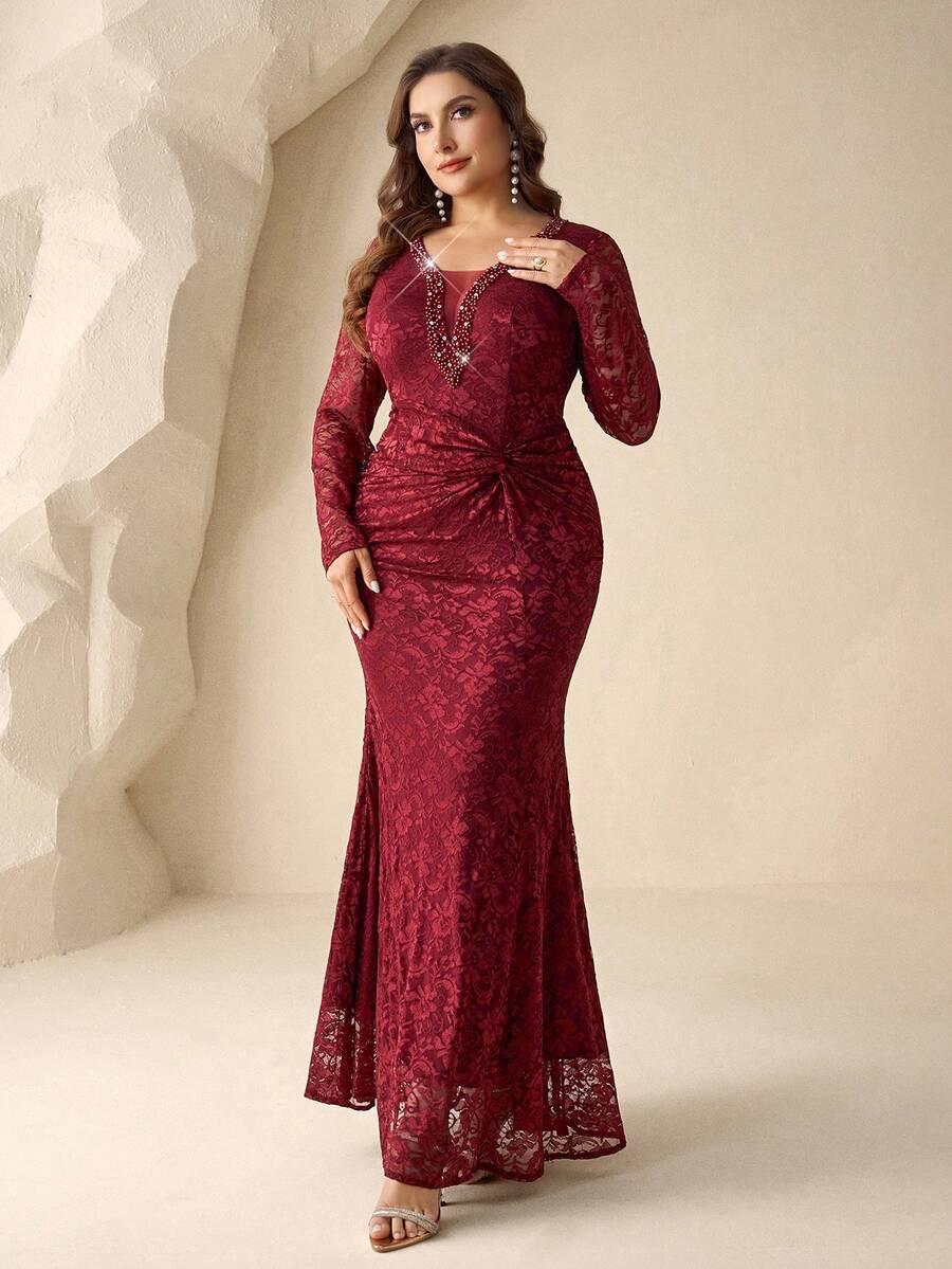 Coutiva Vestido de noche elegante y entallado con cuentas, talla grande - Burdeos - Ver 1