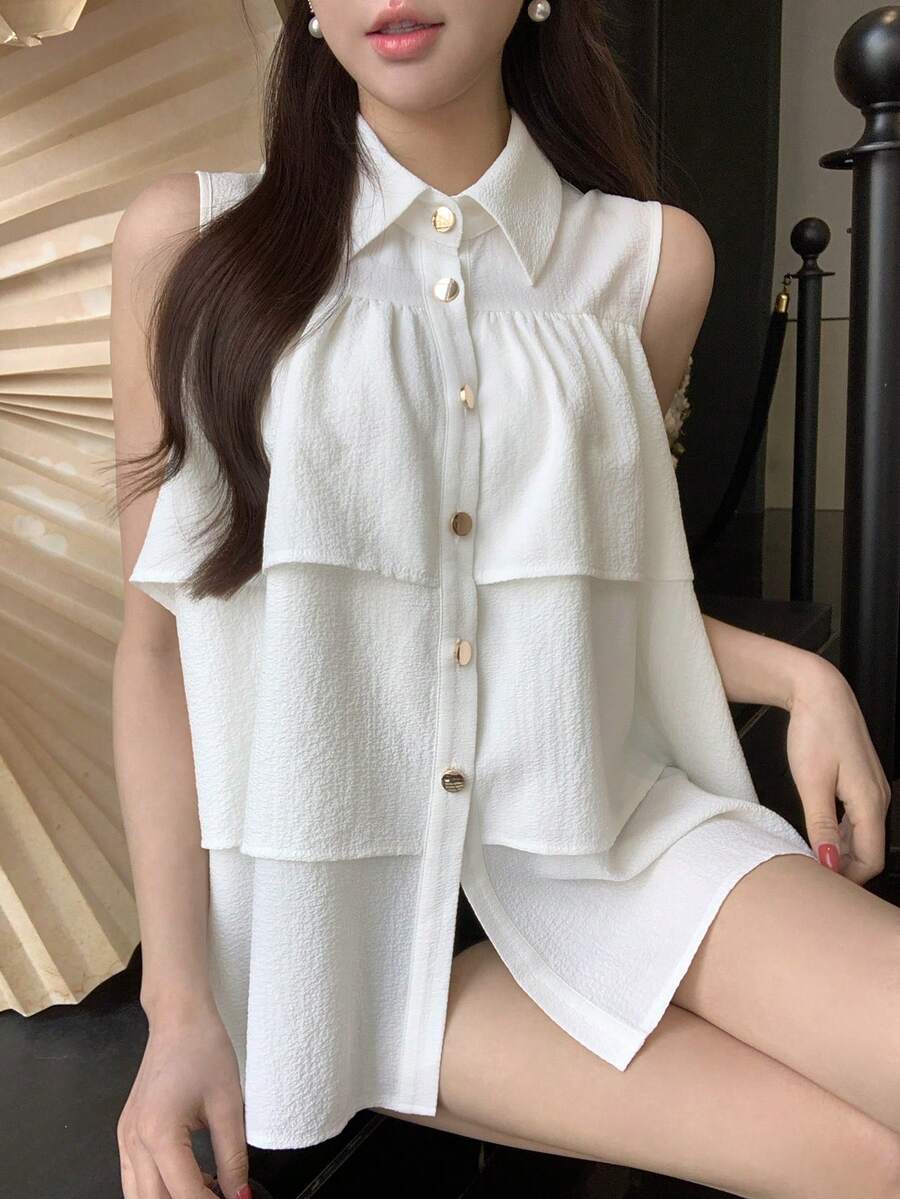 FRIFUL Blusa de verano para mujer de corte regular con cuello de solapa, botones metálicos decorativos, holgada delantera, volantes multicapa y patchwork de unicolor - Blanco - Ver 1