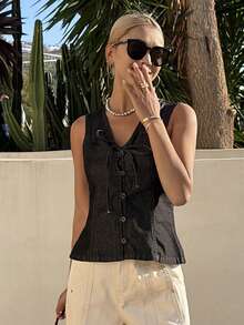 Livesso Women's V-Neck Single-Breasted Front Tie Casual Denim Vest - Black - View 3