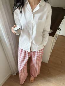 DAZY 纯色宽松上衣和格子睡裤女士睡衣套装 - 白色 - 查看 3