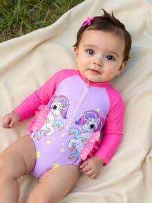 SHEIN Toddler Girl Island & Palm Tree Print Long Sleeve Zipper One-Piece Swimsuit, Cute Ruffle Raglan Sleeve Sun Protection Swimwear - Hot Pink - View 1