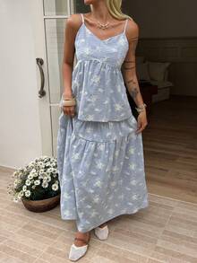 DAZY 2pcs Women Textured Jacquard Striped Loose Camisole & Maxi Skirt Casual Summer Vacation Set Boho - Blue - View 7