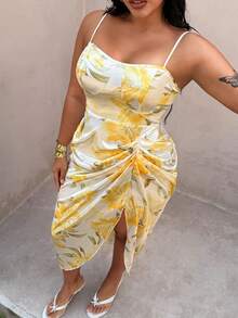 Plus Size Women's New Vintage Cute Romantic Camisole Cup Design Irregular Hem Ruffle Print Fitted Cami Dress, Suitable For Daily Wear, Back To School, Birthday, Date, Music Festival, Beach, Spring & Summer - Multicolor - View 6