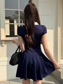 SHEIN K-Vae 优雅的 Polo 领刺绣拼接修身连衣裙 - 藏蓝色 - 查看 2