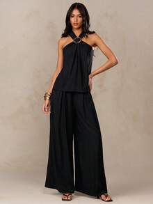 SHEIN BAE 黑色亚麻质感褶皱金属装饰吊带上衣搭配松紧腰阔腿裤套装，适合夏季、度假、意大利之旅、法国南部之旅，优雅套装，裤装 - 黑色 - 查看 6