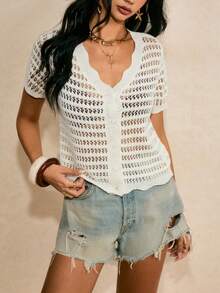 Poéselle 女士透明纯色纽扣装饰针织上衣，适合日常穿着 - 白色 - 查看 5