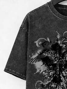 ROMWE MEN Goth Men's Summer Casual Wasabi Snow-Washed Short-Sleeve T-Shirt - Black - View 4