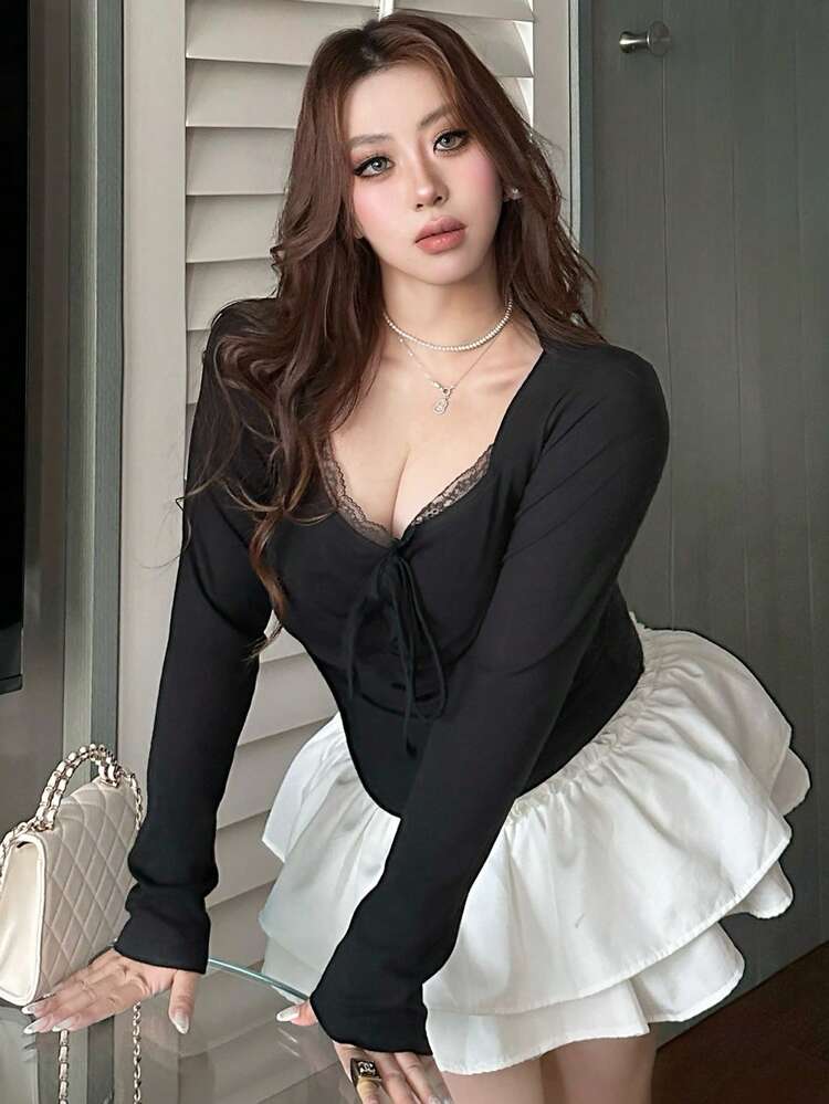 Dazy Plus Plus Size Women's Solid Color Contrast Lace Front Tie Long Sleeve Fashionable T-Shirt