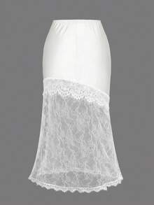 Elenzga Chân váy cỡ lớn màu trơn thanh lịch bằng chất liệu satin phối ren, xẻ cao. - trắng - Xem 2