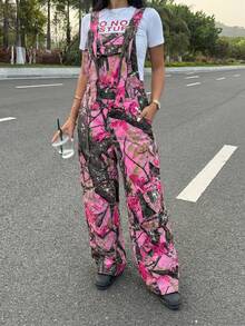 Slaydiva Women's Fashion Tree Branch Print Denim Bib Pants Women Jumpsuit Pink Floral Print Jumpsuit Wide Leg Jumpsuit Camo Print Jumpsuit Sleeveless Jumpsuit - Beige - View 6