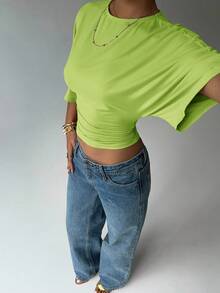 Aloruh Solid Color Batwing Sleeve Cropped Short Sleeve Top, Fitted, Versatile For Summer - Green - View 5