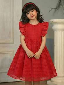 SHEIN Vestido casual con cuello redondo y volantes en el bajo para niña preadolescente de unicolor tejido - Morado - Ver 6