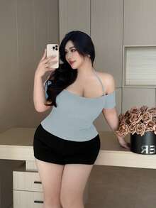 Vibekara Plus Size Solid Color Spaghetti Strap Off Shoulder Fitted Summer Women Tank Top - Baby Blue - View 3