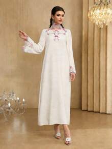 Al Najma Gaun Fashion Longgar Lengan Panjang Chiffon Putih Bordir Terbaru untuk Wanita - Putih - View 9
