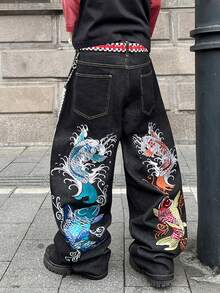 STEELVANCE 复古街头风时尚百搭重工刺绣宽松直筒休闲牛仔裤 - 黑色 - 查看 6