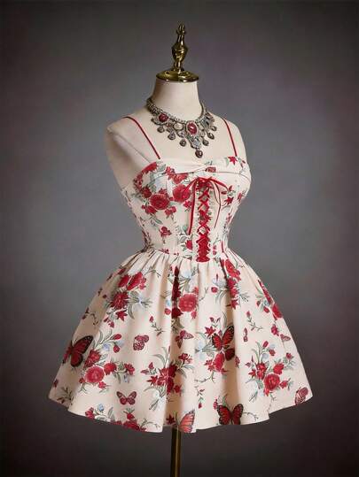 SHEIN MOD Red Color-Block Front Tie Waist Vintage Floral Print Dress – Vintage Court Style, Garden Tea Party, Date, Party, Women's Summer And Spring Dress, Beachwear, Spring Break, Vacation, Picnic, Festival, Birthday Outfit.Beige Red Floral Print Mini Dress Spaghetti Straps Lace Up Front Sweetheart Neckline Vintage Inspired Artistic Pattern Flared Skirt Fitted Bodice Elegant Silhouette Butterfly Motif Soft Texture Delicate Detailing Lightweight Fabric Playful Style Classic Shape Comfortable Wear Romantic Look,Summer Holiday Outfits, Vacation Outfits , Carnival Costume , Valentines Day Outfit  , Valentine Outfits For Women , Summer Outfits , Spring Break Outfits