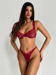 Aloruh Ren hoa Vòng thép Bộ đồ lót - Màu Đỏ Sâu - Xem 5