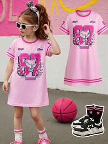 SHEIN One-Piece Cute Baby Girl T-Shirt, Street Style Knit Striped Round Neck Loose Short-Sleeved Dress, Suitable For Birthday Parties, Baptisms, First Birthday Celebrations, Parties, Performances, Weddings And Other Occasions. Dresses For Girls Pink Toddler Pink Dress Pink T-Shirt Dress Casual Pink Toddler Dress Girls Athletic Dress 3t Girl Dress Girl Sports Dress Toddler Streetwear Pink Graphic Dress Toddler Summer Dress - Pink - View 1