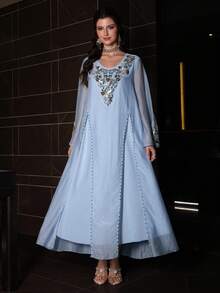 Layrah Elegant & Luxurious Round Neck Beaded Flare Sleeve Dress, Spring/Summer - Baby Blue - View 6