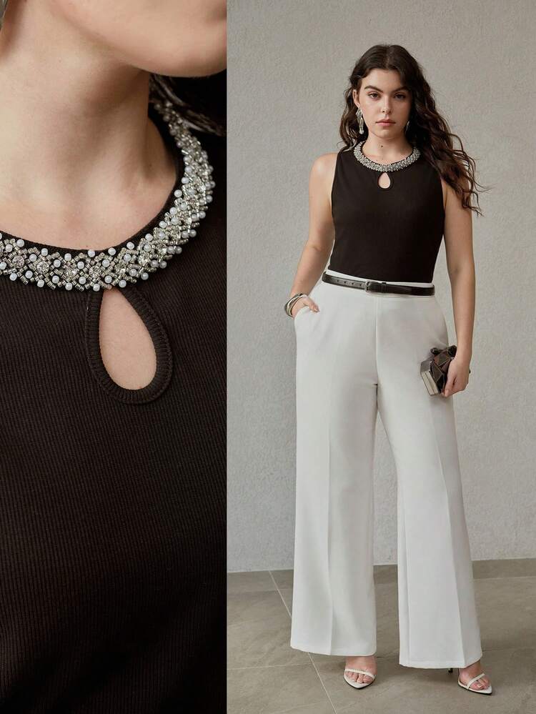BLUSA DE PUNTO CON ADORNOS DE STRASS Y PERLAS ARTIFICIALES PARA TALLAS GRANDES PRIMAVERA/VERANO