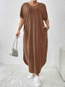 SHEIN Essnce 大码女装春夏新款时尚通勤休闲口袋开衩长款睡袍连衣裙 - 棕色 - 查看 6