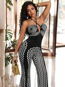 Lureya 女士时尚系带露背镂空性感针织面料渐变线条印花紧身连体裤，青春魅力性感，适合日常穿着、音乐节、派对、宴会、春夏场合。 - 彩色 - 查看 4