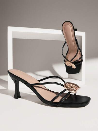 SHUZIA Women's Minimalist Fashion Comfy Conch Decor Square Toe Stiletto Heel Thong Sandals