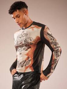 FeverCity Men's Letter & Cross Print Crew Neck Long Sleeve T-Shirt - Multicolor - View 4