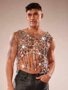 FeverCity 男士亮片镂空性感无袖背心 - 銀色 - 查看 5