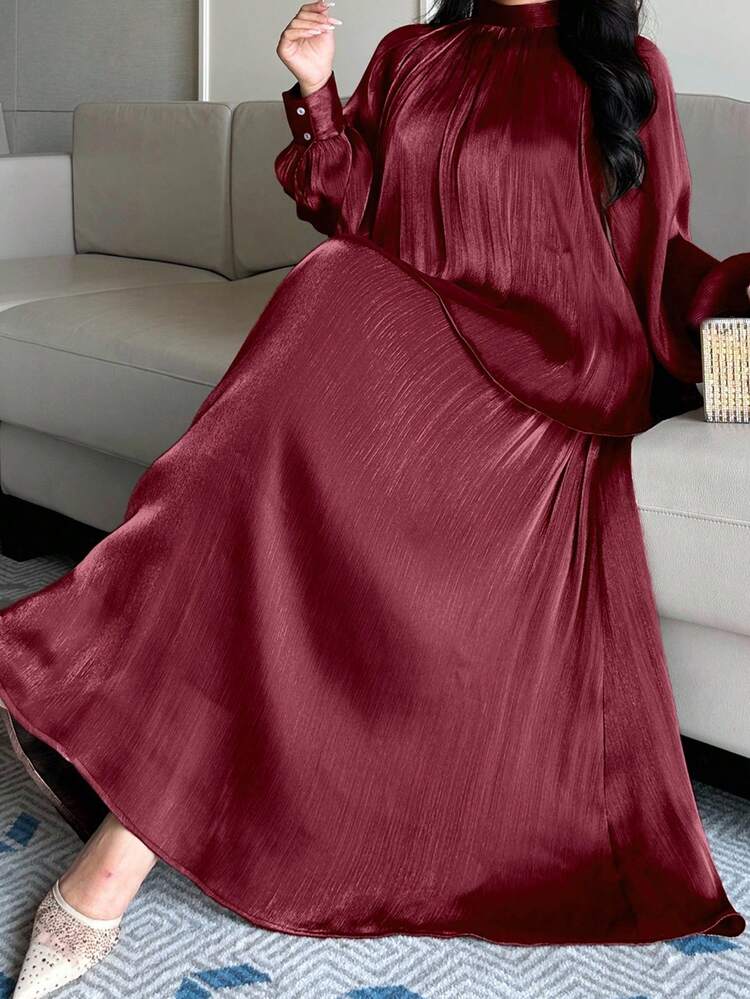 Dazy Plus Elegant Plus Size Women's Spring/Summer 2-Piece Set: Chiffon Tie-Neck Loose Long Sleeve Top And A-Line Skirt