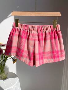 CovetEZ Women's Letter Printed Elastic Waist Patch Casual Shorts, Non-Stretch - Pink - View 2