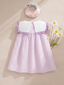 Souflis Souflis Baby Girl Striped Print Frill Trim Dual Pocket Dress - Purple - View 3